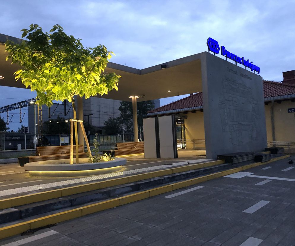 Nowoczesne zadaszenie przed Dworcem Kolejowym PKP Olsztynek projektu Decorum Architekci / AZT Architekci, z podświetlonym drzewkiem i napisem Dworzec Kolejowy na tle wieczornego nieba, obok widoczne tory. Więcej o tej realizacji na Architektura Murator Plus.