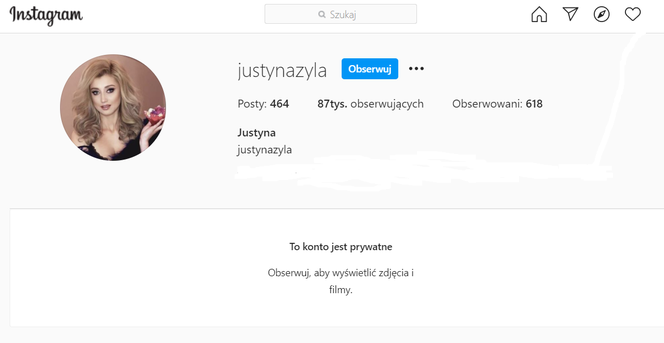 Prywatne konto Justyny Żyły na Instagramie
