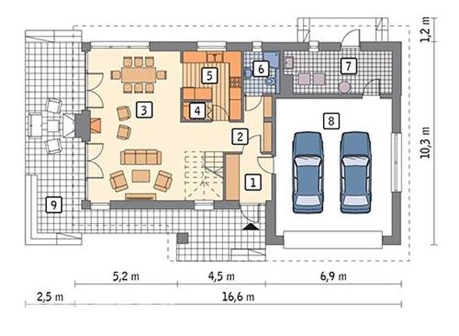 Projekt domu M210c Jasna przestrzeń - wariant III z katalogu Muratora - plan parteru