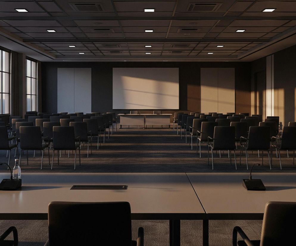 Wnętrze dużej sali konferencyjnej lub wykładowej, ustawionej na przyjęcie gości, oświetlone naturalnym światłem zachodzącego słońca wpadającym przez duże okna po lewej stronie. Na pierwszym planie widoczny jest długi stół prezydialny z kilkoma mikrofonami i butelkami wody, a za nim rzędy pustych czarnych krzeseł skierowanych w stronę białego ekranu projekcyjnego na końcu sali. Sufit jest kasetonowy, z wbudowanymi kwadratowymi panelami oświetleniowymi, a ściany mają ciemną, teksturowaną powierzchnię z dekoracyjnymi listwami i drzwiami.