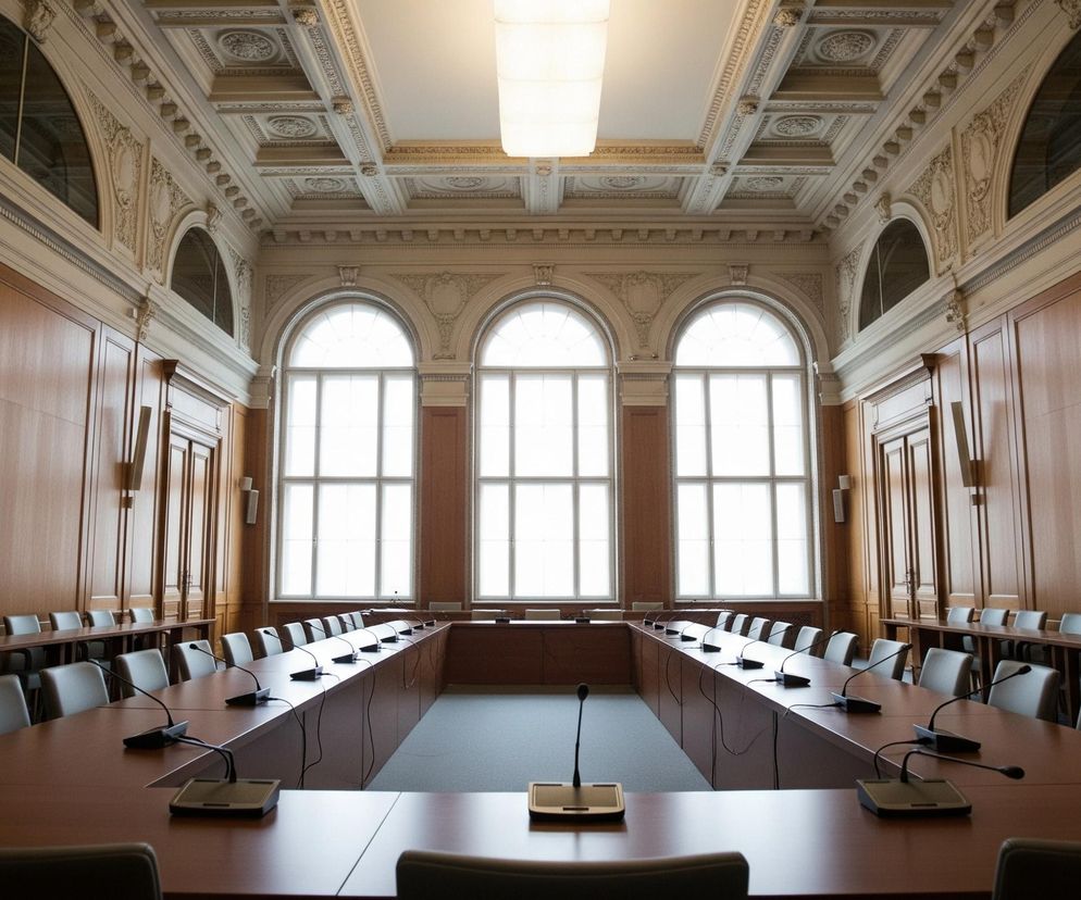 Długi, drewniany stół konferencyjny w kształcie litery U dominuje w centralnej części eleganckiej sali. Na stole rozmieszczono liczne mikrofony na podstawkach, skierowane w stronę szarych, tapicerowanych krzeseł, które otaczają stół. Ściany wykonane są z jasnego drewna, panelowane, a powyżej nich znajduje się bogato zdobiony, kremowy gzyms z motywami roślinnymi i geometrycznymi. Trzy wysokie, łukowate okna w głębi sali wpuszczają jasne światło, podkreślając bogato zdobiony sufit z kasetonami i centralną podłużną lampą.