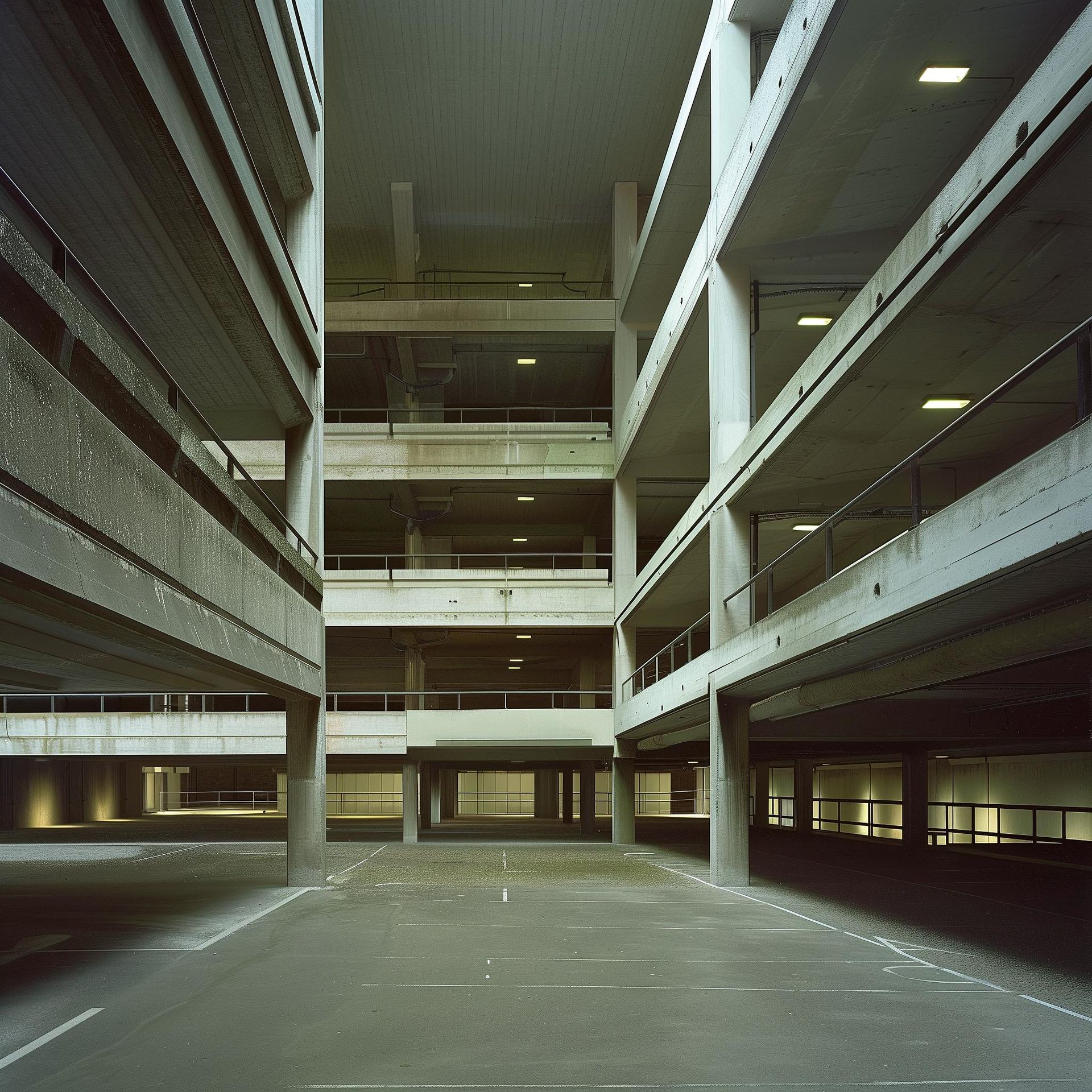 Midjourney 6.1; efekty pracy sztucznej inteligencji po wpisaniu promptu: Photo  of architecture, three-storey parking lot in the style of Thomas Jefferson