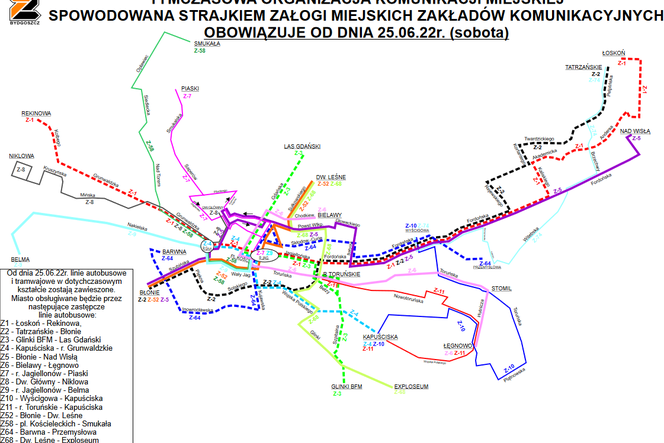 Schemat linii zastępczych w Bydgoszczy