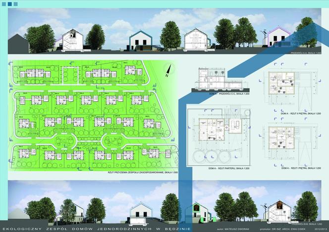 Ekologiczny zespół domów jednorodzinnych w Będzinie. Autor pracy dyplomowej: Mateusz Dworak