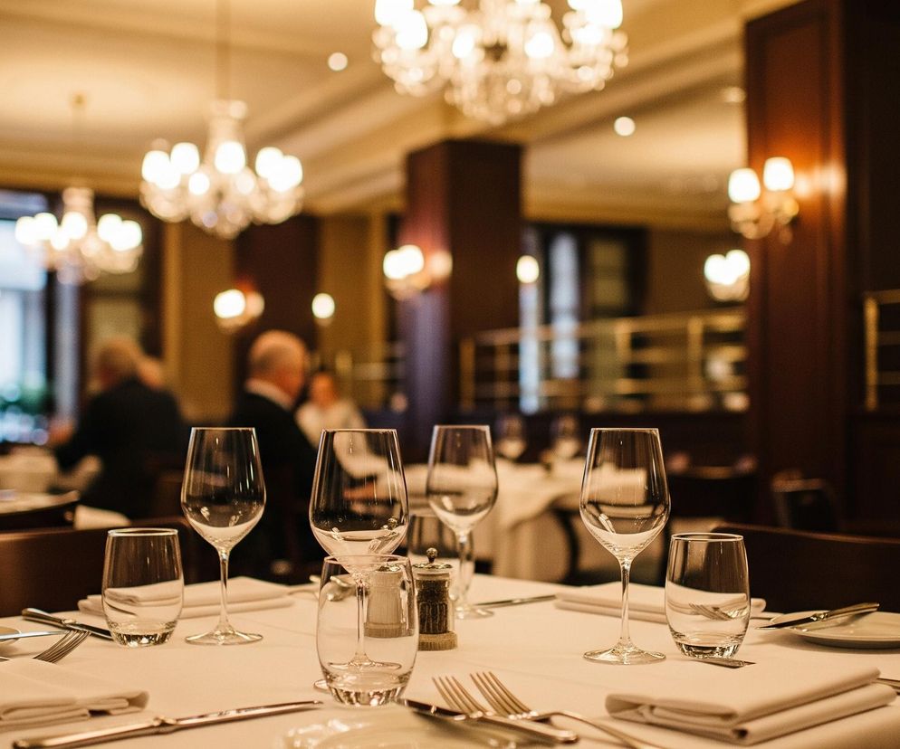 Centralnym punktem obrazu jest elegancko zastawiony stół w restauracji, pokryty białym obrusem. Na stole widać szereg szklanych kieliszków różnego kształtu i wielkości, sztućce ułożone obok złożonych białych serwetek, oraz małą solniczkę i pieprzniczkę. W tle, rozmyte postacie ludzi siedzą przy innych stołach, a nad nimi wiszą liczne, błyszczące żyrandole, emitujące ciepłe, jasne światło, które rozświetla całe pomieszczenie.