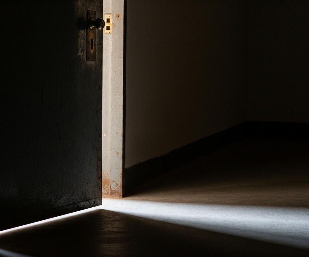 Otworzone, ciemne drzwi po lewej stronie obrazu rzucają cień na jasną smugę światła padającą na podłogę. Lewe skrzydło drzwi jest ciemne, z widoczną na nim metalową klamką w kolorze mosiądzu, z okrągłą gałką i podłużnym otworem na klucz. Ościeżnica jest jasnoszara, z widocznymi rdzawo-brązowymi przebarwieniami. W głębi ciemnego pomieszczenia po prawej stronie widać fragment podłogi i ściany, częściowo oświetlony blaskiem wpadającym przez szczelinę.