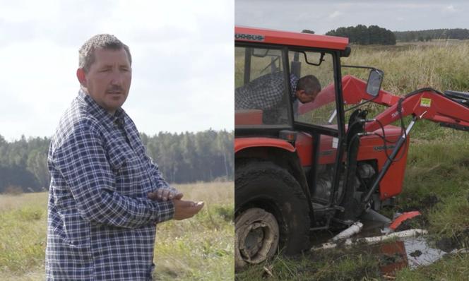 Rolnicy. Podlasie. Andrzej z Plutycz wyciąga traktor z błota