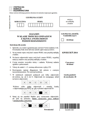 EGZAMIN GIMNAZJALNY 2014 JĘZYK ANGIELSKI - ARKUSZE z CKE poziom ROZSZERZONY