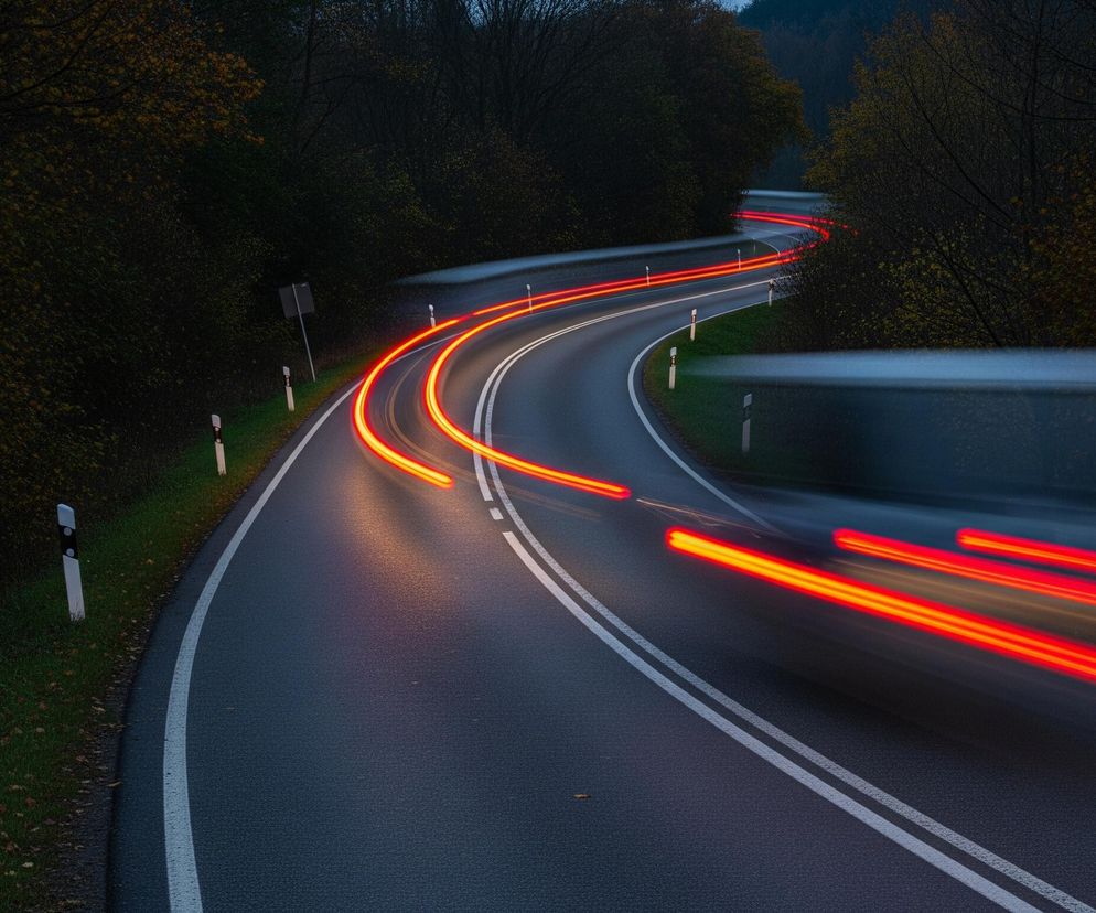Ciemna, asfaltowa droga wijąca się przez gęsty, ciemny las jest głównym elementem obrazu. Na drodze widoczne są intensywne, czerwono-pomarańczowe smugi światła, tworzące efekt dynamicznego ruchu, oraz delikatniejsze, białe linie wyznaczające pasy ruchu i pobocze. Wzdłuż pobocza, na zielonej trawie, rozmieszczone są białe słupki drogowe z czarnymi odblaskami. Tło stanowi zalesiony teren z drzewami o ciemnych, gęstych koronach, gdzie gdzieniegdzie widać jaśniejsze, jesienne liście.