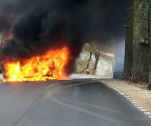 Studnica. Pożar busa wiozącego dzieci. Pojazd spłonął niemal całkowicie