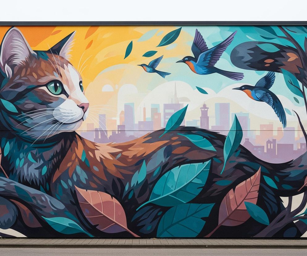 Na beżowej ścianie budynku znajduje się duży mural przedstawiający kota z otoczeniem. Głównym elementem jest leżący kot o puszystym futrze w odcieniach brązu, szarości i turkusu, z białym pyskiem i zielonymi oczami, spoglądający w prawą stronę. Tło za kotem to kompozycja barwnych liści i gałęzi w odcieniach zieleni, brązu i turkusu, tworząca iluzję leśnego poszycia, a także jasne niebo przechodzące od słonecznego żółtego do błękitu. Na tle nieba widoczne są sylwetki miejskich budynków oraz cztery latające ptaki w odcieniach niebieskiego i pomarańczowego.