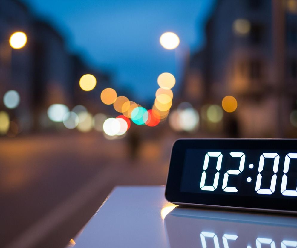 Cyfrowy budzik z białym, świecącym wyświetlaczem stoi na białej powierzchni, pokazując godzinę 02:00. Tło budzika to rozmyty nocny krajobraz miejski z licznymi kolorowymi światłami, głównie żółtymi, czerwonymi i turkusowymi, pochodzącymi od latarni ulicznych i sygnalizacji świetlnej. Elementy architektoniczne i drogi są niewyraźne, pogrążone w ciemności. Powierzchnia, na której stoi budzik, odbija jego wyświetlacz w niebieskawym odcieniu.