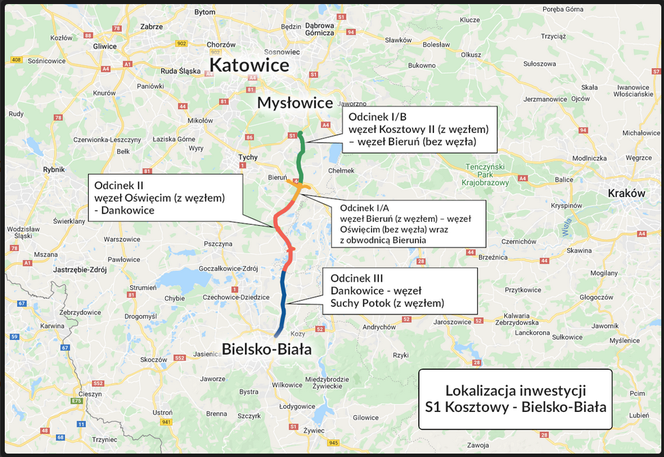 Budowa S1 między węzłami Mysłowice - Kosztowy i Suchy Potok w Bielsku-Białej [MAPA]