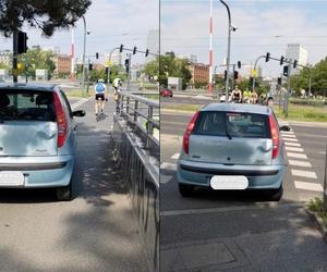 Niebezpieczne zachowanie kierowcy Fiata! Wjechał na drogę rowerową w centrum Łodzi