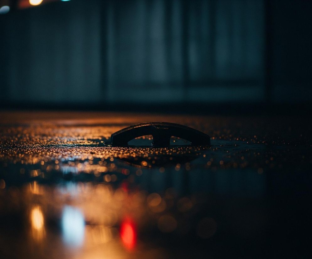 Na pierwszym planie, centralnie, widać ciemny, podłużny przedmiot o kształcie mostka, częściowo zanurzony w wodzie. Powierzchnia wokół niego jest mokra i pokryta drobnymi kroplami, odbijającymi pomarańczowe i czerwone światła, które rozmywają się w miękkie kręgi bokeh. Tło jest ciemne, niebiesko-zielone, z niewyraźnymi pionowymi pasami oraz rozświetlonymi punktami u góry, które tworzą efekt delikatnego światła.
