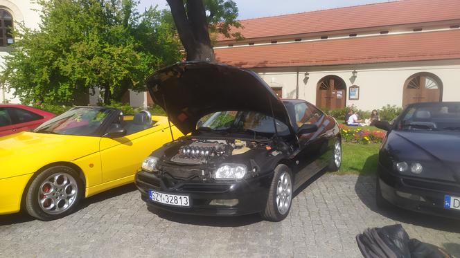 Spider  916 GTV na dziedzińcu żywieckiego zamku. Zlot wielbicieli Alfa Romeo w Żywcu