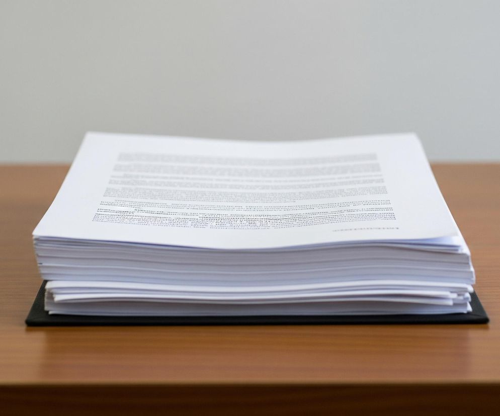 Na pierwszym planie, centralnie, leży stos białych kartek papieru z czarnym tekstem, ułożony na ciemnej, prawdopodobnie czarnej, teczce lub podkładce. Kartki są gładkie, a na wierzchu widać wyraźnie wydrukowany tekst w postaci akapitów i linijek. Cały stos spoczywa na drewnianym blacie stołu o jasnobrązowym kolorze z widocznymi poziomymi słojami. Tło stanowi jednolita, jasnoszara ściana.