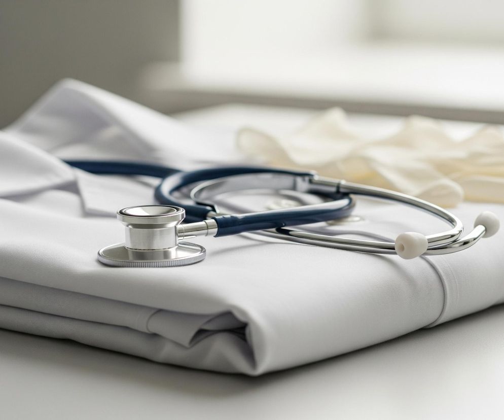 Złożony biały kitel lekarski ze stetoskopem i jednorazowymi rękawiczkami na białym tle, symbolizujący służbę zdrowia i wyzwania NFZ, o których przeczytasz na Super Biznes.