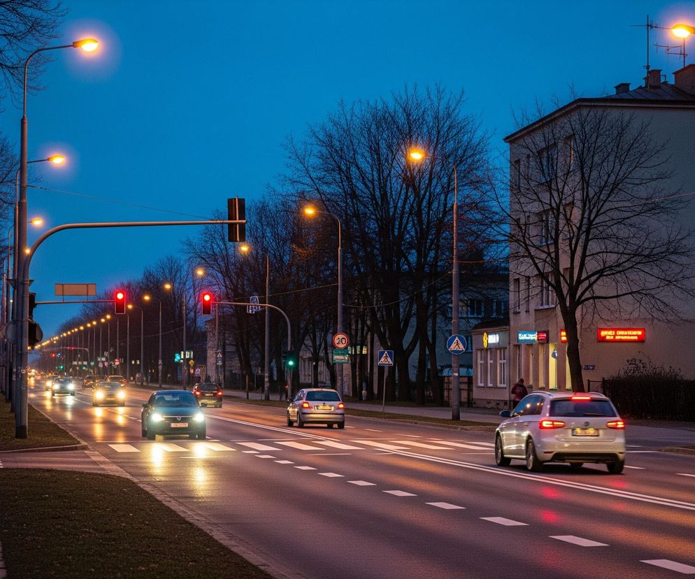 Uliczny pejzaż miejski o zmierzchu lub w nocy, z widoczną drogą dla samochodów i równoległym chodnikiem. Po lewej stronie jezdni biegnie szeroki chodnik z ułożonych prostokątnych płyt, po którym idzie kilka osób. Nad jezdnią zawieszone są sygnalizatory świetlne, z których te najbliższe, po lewej, wskazują czerwone światło, a na prawo od nich widać zielone światło dla skrętu. Na asfalcie drogi wyznaczone są białe pasy dla pieszych oraz linie ciągłe i przerywane. Kilka samochodów porusza się po drodze, ich przednie światła intensywnie oświetlają nawierzchnię, a tylne światła samochodu znajdującego się na pierwszym planie świecą na czerwono. Wzdłuż ulicy rozmieszczone są latarnie z żółtym światłem, a także gołe drzewa oraz po prawej stronie kilkupiętrowy budynek z oświetlonymi oknami i balkonem.
