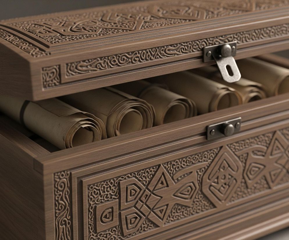 Drewniana skrzynia z rzeźbionymi wzorami znajduje się w centrum kadru, z lekko uchylonym wieczkiem, ukazującym zwinięte zwoje papieru. Wieczko i front skrzyni pokryte są skomplikowanymi, geometrycznymi i roślinnymi ornamentami, wykonanymi w technice płaskorzeźby. Metalowe okucie zamka jest widoczne na brzegu wieczka, podkreślając rzemieślniczy charakter przedmiotu. Wnętrze skrzyni wypełniają ułożone ciasno obok siebie, brązowo-żółte zwoje, które sprawiają wrażenie starych dokumentów.