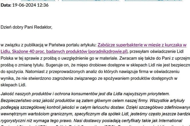 Oświadczenie Lidl Polska w sprawie bakterii w mięsie kurczaków, cz. 1