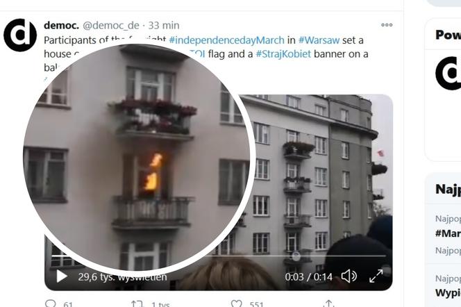 Pożar mieszkania na trasie Marszu Niepodległości. Rzucali w balkon z tęczową flagą, trafili dwa piętra niżej