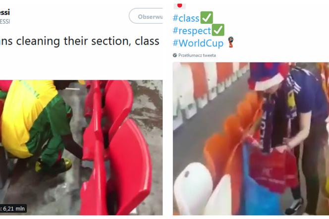 Kibice Senegalu i Japonii sprzątają stadion po meczu