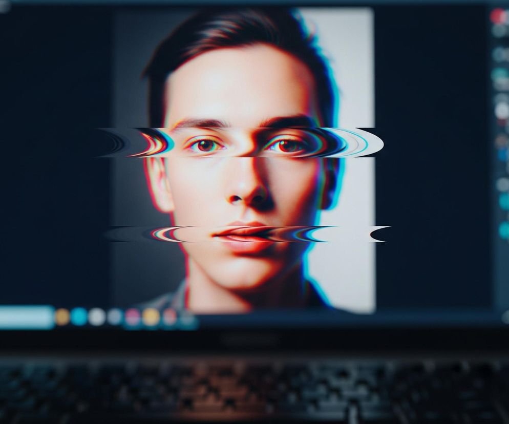 Na ekranie laptopa widoczny jest portret młodej osoby z wyraźnym efektem usterki cyfrowej. Twarz osoby, w jasnych odcieniach skóry, z ciemnymi włosami zaczesanymi do tyłu, zajmuje centralną część ekranu. Poziome pasy w kolorach czerwonym, zielonym i niebieskim zniekształcają obraz w okolicy oczu i ust, tworząc wrażenie przesunięcia i rozmycia. Tło za portretem jest ciemnoniebieskie po lewej stronie i białe po prawej, zaś rozmyte elementy interfejsu aplikacji, w tym ikonki i lista kontaktów, są widoczne po bokach obrazu. Klawiatura laptopa, ciemna i rozmyta, znajduje się na pierwszym planie, u dołu kadru.