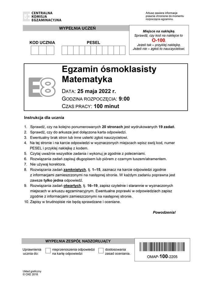 Egzamin ósmoklasisty 2022: Matematyka. ARKUSZ CKE i ODPOWIEDZI [25.05.2022]