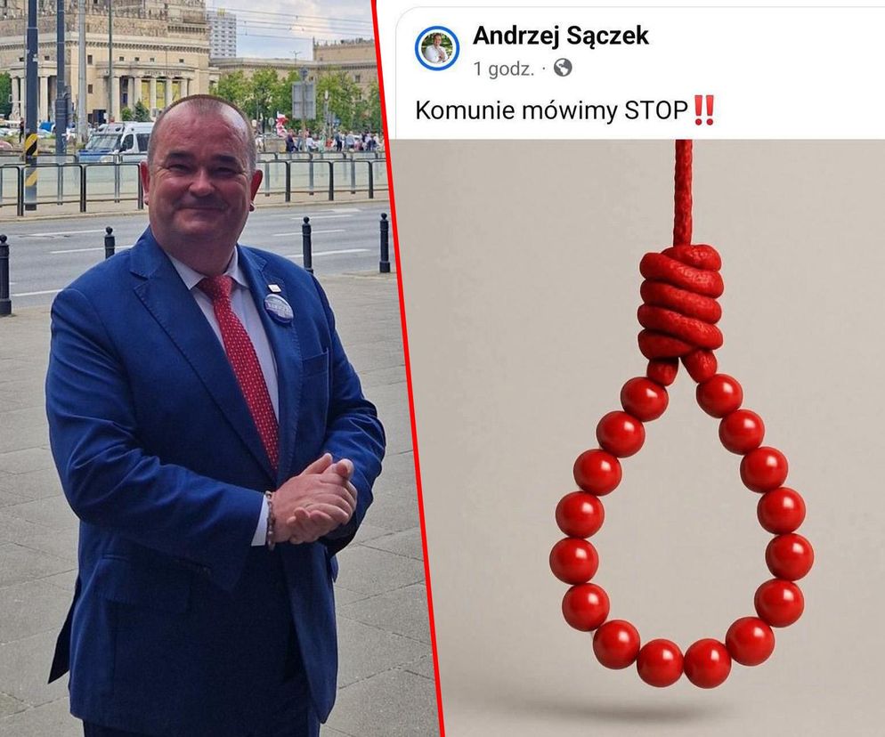 Radny Rybnika Andrzej Sączek i szubienica z czerwonych korali