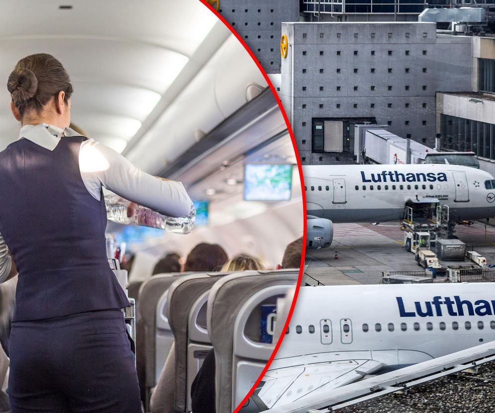 Kolaż przedstawiający stewardesę Lufthansy serwującą napoje w kabinie samolotu oraz samoloty przewoźnika na lotnisku, symbolizujący zapowiadane masowe zwolnienia w firmie. O cięciach w zatrudnieniu i ich wpływie na rynek przeczytasz na Super Biznes.