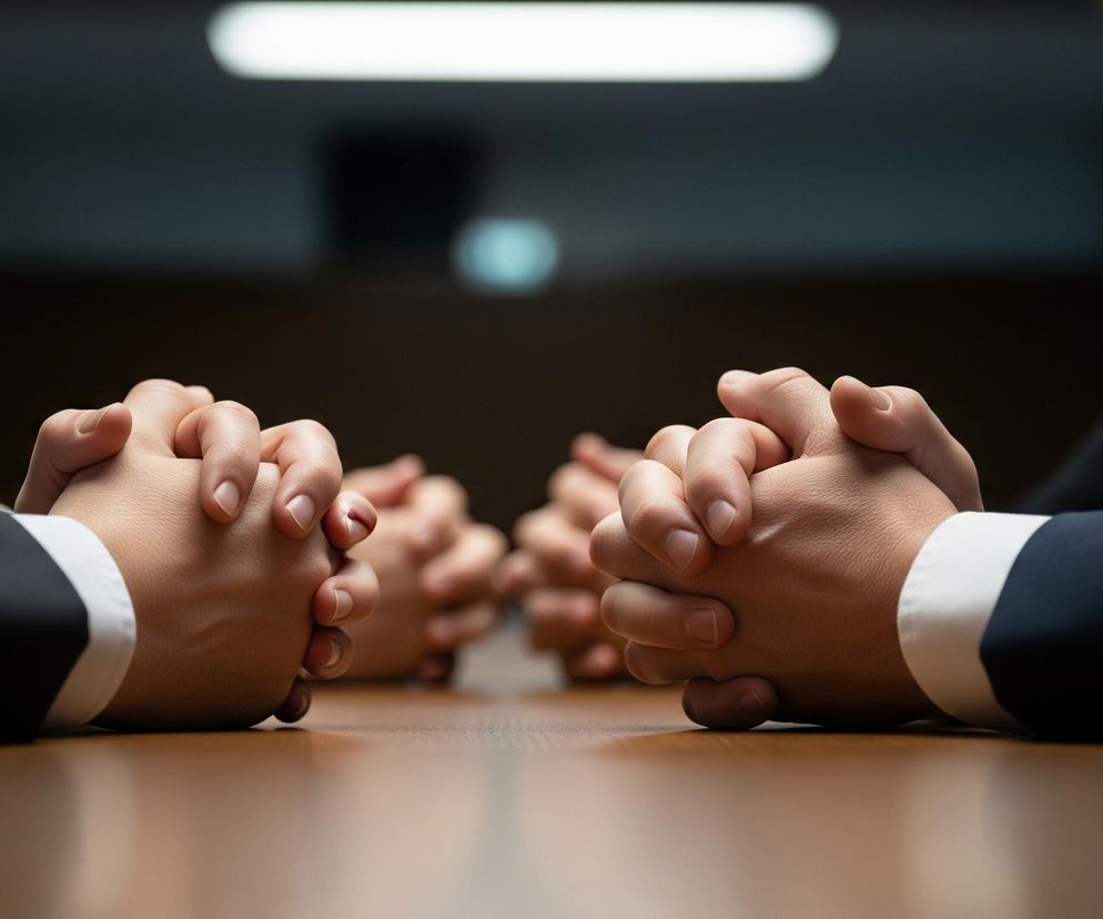 Na pierwszym planie widoczne są złożone dłonie czterech osób, ułożone na brązowym, błyszczącym stole. Po lewej stronie dłonie należą do osoby w ciemnej marynarce z białym mankietem, a po prawej stronie dłonie osoby również w ciemnej marynarce z białym mankietem. W tle, częściowo rozmazane, widać niewyraźne sylwetki dwóch innych osób oraz fragmenty pomieszczenia z poziomymi świetlówkami na suficie.