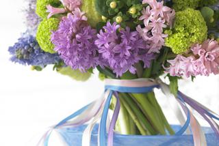 Wiosenny bukiet kwiatów: hiacynty przewiązane wstążką