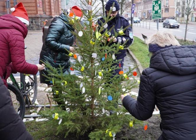 Pod Komendą Miejską Policji w Olsztynie stanęła oryginalna choinka. Każdy może ją "rozebrać" [ZDJĘCIA]