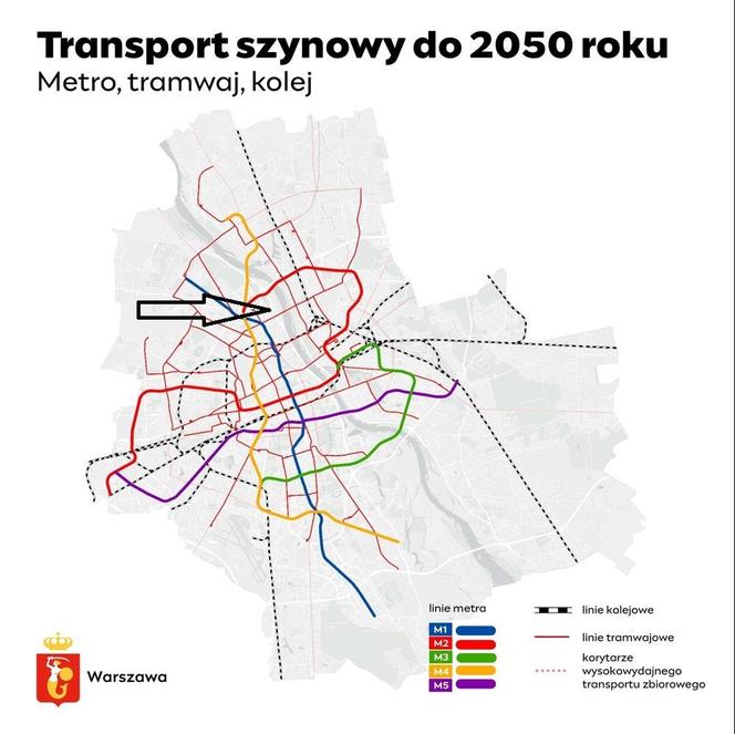 Plany rozwoju komunikacji szynowej w Warszawie do 2050 r. z zaznaczonym mostem Krasińskiego
