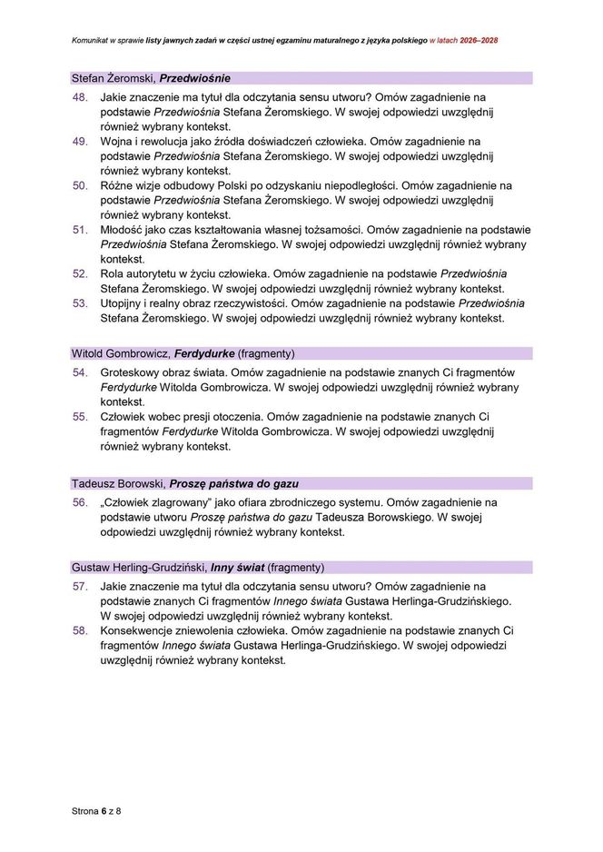 Pytania jawne na maturę ustną z języka polskiego 2026. CKE podała listę