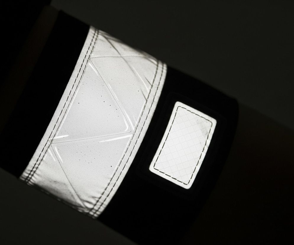 Główny plan zajmuje fragment czarnego materiału z dwoma białymi, odblaskowymi elementami. Większy element, w kształcie prostokąta ze ściętym narożnikiem, ma widoczną siatkę linii i drobną fakturę. Mniejszy, prostokątny element jest obramowany przerywaną linią i również posiada kratkowany wzór. Całość jest skąpana w ciemności, z wyjątkiem jasnych, odbijających światło fragmentów.