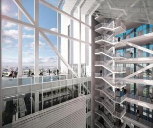Reforma Towers projektu Richard Meier & Partners. Centralne atrium; widoczny taras widokowy