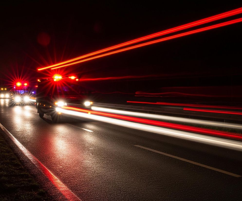 Nocna scena przedstawia drogę oświetloną przez światła samochodów. Na pierwszym planie widać ciemną nawierzchnię drogi, na której odbijają się smugowe światła pojazdów, w tym intensywne czerwone pasy po lewej stronie i białe smugi od reflektorów w centralnej części. Po lewej stronie drogi rośnie ciemna trawa i widoczne są słupki odblaskowe oraz znaki drogowe w oddali. W tle, na horyzoncie, kolejne samochody jadące w przeciwnym kierunku również generują świetliste smugi, dominują jasne żółto-pomarańczowe i czerwone światła sygnalizacyjne, które rozświetlają ciemne otoczenie.