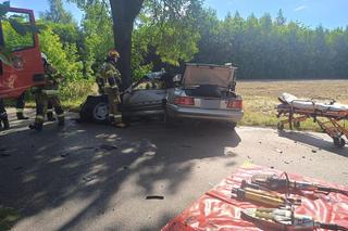 Wypadek pod Pabianicami. Mercedes rozpadł się na pół po uderzeniu w drzewo [ZDJĘCIA].