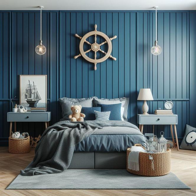 Granatowy pokój dla chłopca w stylu marynarskim
