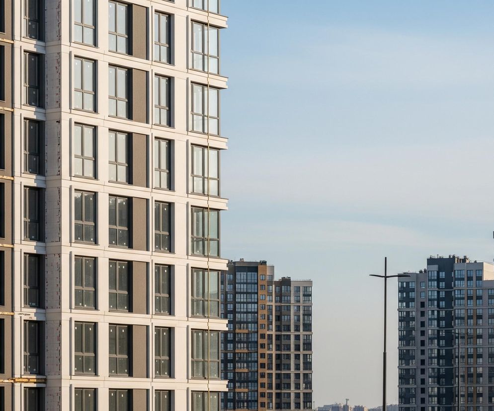Lewą część kadru dominuje wysoki budynek mieszkalny o jasnobeżowej elewacji z licznymi szarymi oknami. Niektóre sekcje elewacji są ciemniejsze, brązowo-szare, z widocznymi poziomymi i pionowymi elementami konstrukcyjnymi. W prawej części zdjęcia, na tle jasnoniebieskiego nieba, znajdują się dwa podobne, ciemniejsze wieżowce z mnóstwem okien, oddzielone czarną latarnią uliczną. W oddali, tuż nad horyzontem, majaczą niewyraźne zarysy innych budynków.