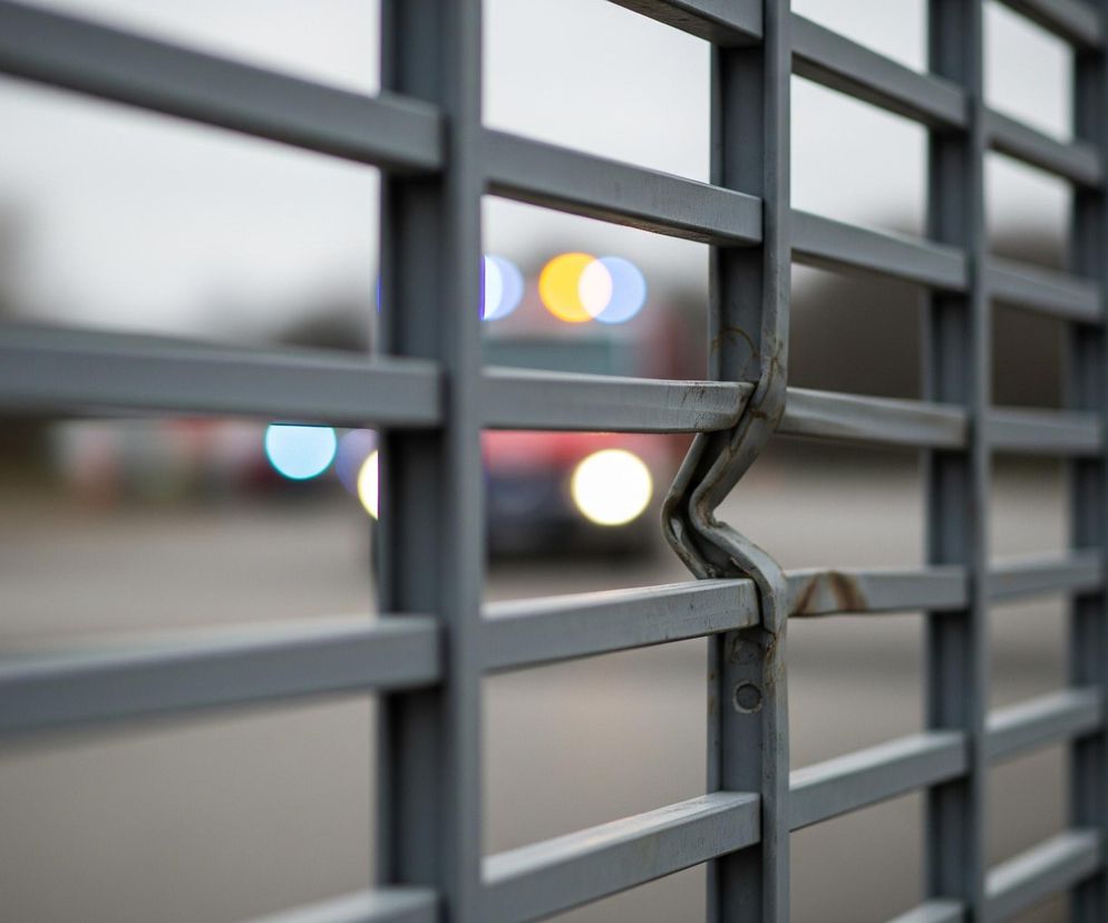 Pierwszy plan zdjęcia zajmuje szara metalowa krata, biegnąca ukośnie od lewego dolnego rogu do prawego górnego, z widocznym wyraźnie uszkodzeniem w środkowej części, gdzie jedna z poprzeczek jest wygięta i uszkodzona. Tło jest rozmyte, z widocznymi jasnymi, okrągłymi punktami światła w kolorach niebieskim, pomarańczowym i białym, sugerującymi pojazdy z włączonymi światłami na drodze lub parkingu. Całość tonacji jest raczej chłodna i stonowana.