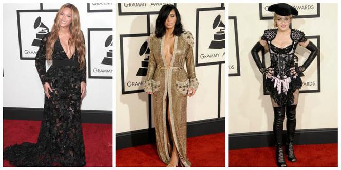 Wielkie dekolty na Grammy 2015: Beyonce, Kim Kardashian, Madonna, Lady Gaga pokazały piersi!