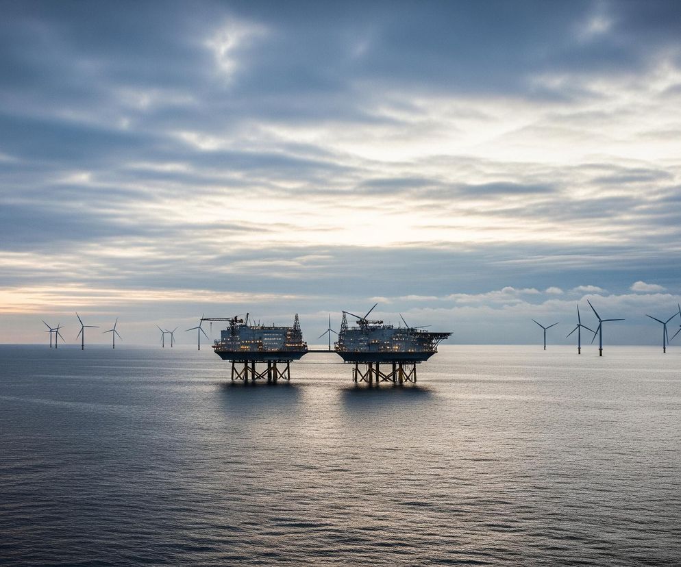 Dwie duże platformy morskie z jasno oświetlonymi wnętrzami dominują w centralnej części obrazu, ustawione na tle rozległego oceanu. Wokół nich, rozmieszczone nieregularnie na wodzie, znajdują się liczne turbiny wiatrowe z białymi śmigłami i szarymi słupami, niektóre z żółtymi podstawami. Niebo, zajmujące górną połowę zdjęcia, jest pokryte warstwowymi chmurami w odcieniach szarości i błękitu, z jaśniejszym, pomarańczowo-żółtym pasem światła przy horyzoncie, sugerującym wschód lub zachód słońca. Powierzchnia oceanu jest ciemna i pofalowana, odbijając światło w postaci drobnych, falujących refleksów.