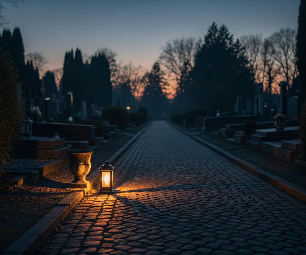 Głównym obiektem jest rozświetlony lampion umieszczony na brukowanej ścieżce, z pomarańczowym światłem rzucającym ciepły blask na otoczenie. Po lewej stronie lampionu stoi ozdobna kamienna urna. Ścieżka, otoczona po obu stronach nagrobkami i ciemnymi krzewami oraz drzewami, prowadzi w głąb obrazu, gdzie na horyzoncie widoczne jest pomarańczowe światło zachodzącego słońca. Całość utrzymana jest w ciemnej, nastrojowej kolorystyce, dominują odcienie granatu, szarości i brązu, z ciepłymi akcentami pomarańczowego światła.