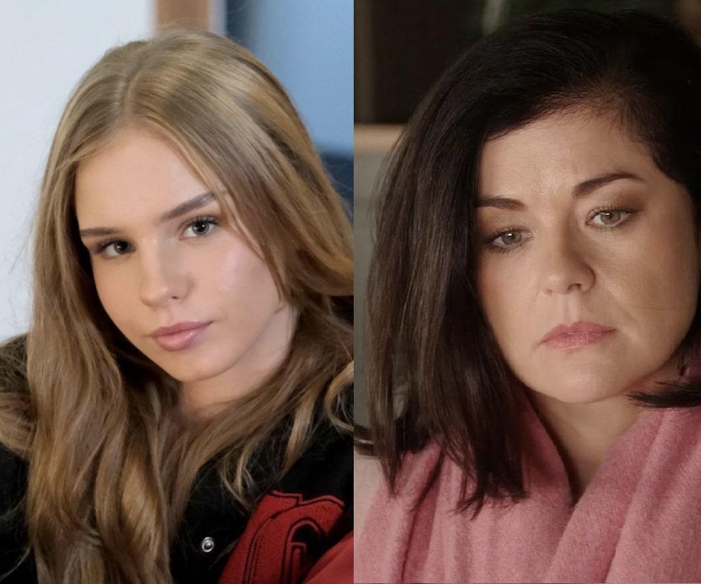 Katarzyna Cichopek (Kinga) w różowym szalu i Nadia Smyczek (Sara) w czarnej bluzie z czerwonym elementem, patrzące wprost, zaniepokojone sytuacją po ataku Hoffmana, o której możesz przeczytać więcej na Super Seriale.