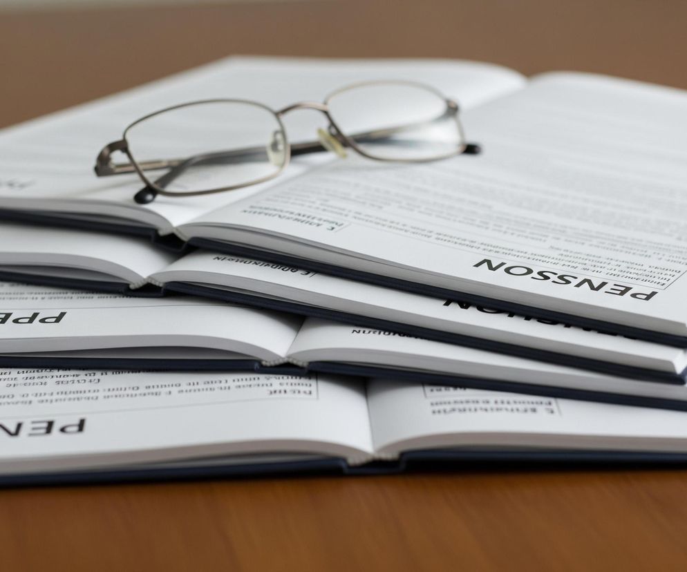 Stos okładkowych książek leży na drewnianym blacie, z widocznymi otwartymi stronami. Na wierzchu, na otwartej książce, spoczywają okulary w metalowej, brązowej oprawie. Na białych stronach widać czarny tekst; część tekstu jest odwrócona, a niektóre słowa, takie jak PENSSON, PPESISON, PENSIS, są wyraźnie widoczne w dużych, czarnych literach.