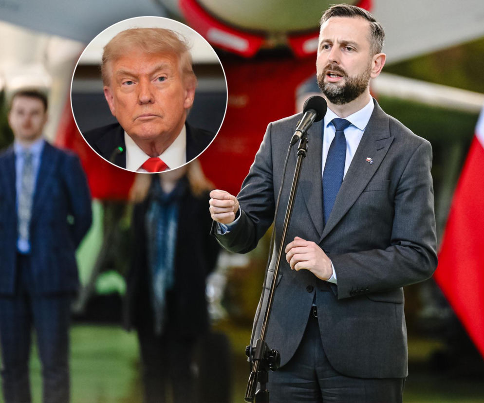 Minister Władysław Kosiniak-Kamysz przemawia do mikrofonu. Na miniaturze obok Donald Trump. O sporze przeczytasz na SE Polityka.