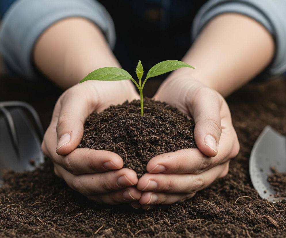 Dwie dłonie, z jasną skórą, obejmują delikatnie kępę ciemnej, żyznej ziemi, z której wyrasta młoda, zielona roślina z dwoma listkami. Roślina jest w centrum kadru, a dłonie stanowią jej podstawę. Tło stanowi rozmyta powierzchnia ciemnej ziemi, na której widać dwie narzędzia ogrodnicze z drewnianymi trzonkami: po lewej stronie znajdują się małe grabie, a po prawej mała łopatka.